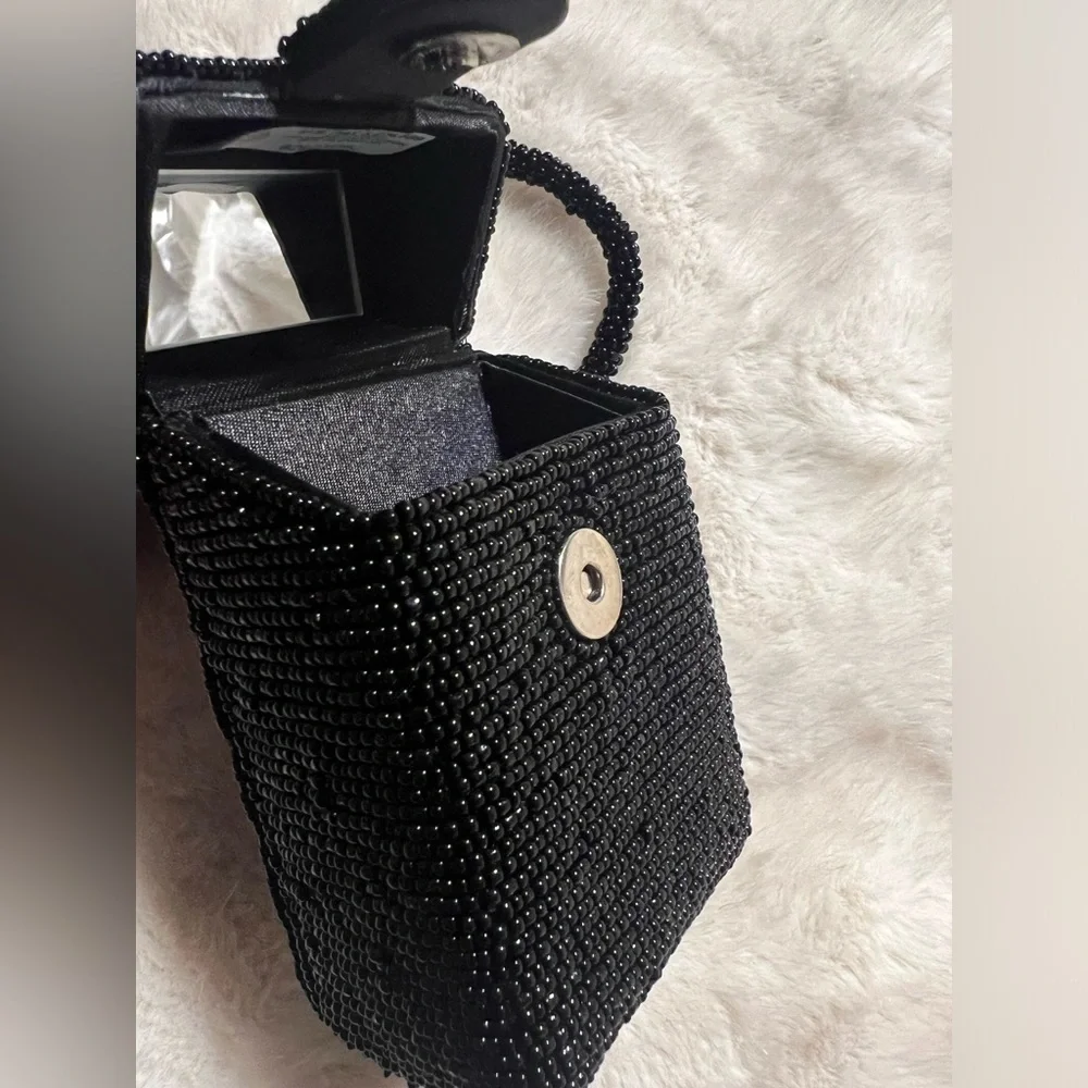 BEADED black cosmetic rectangle cosmetic/ evening mini bag with built in mirror